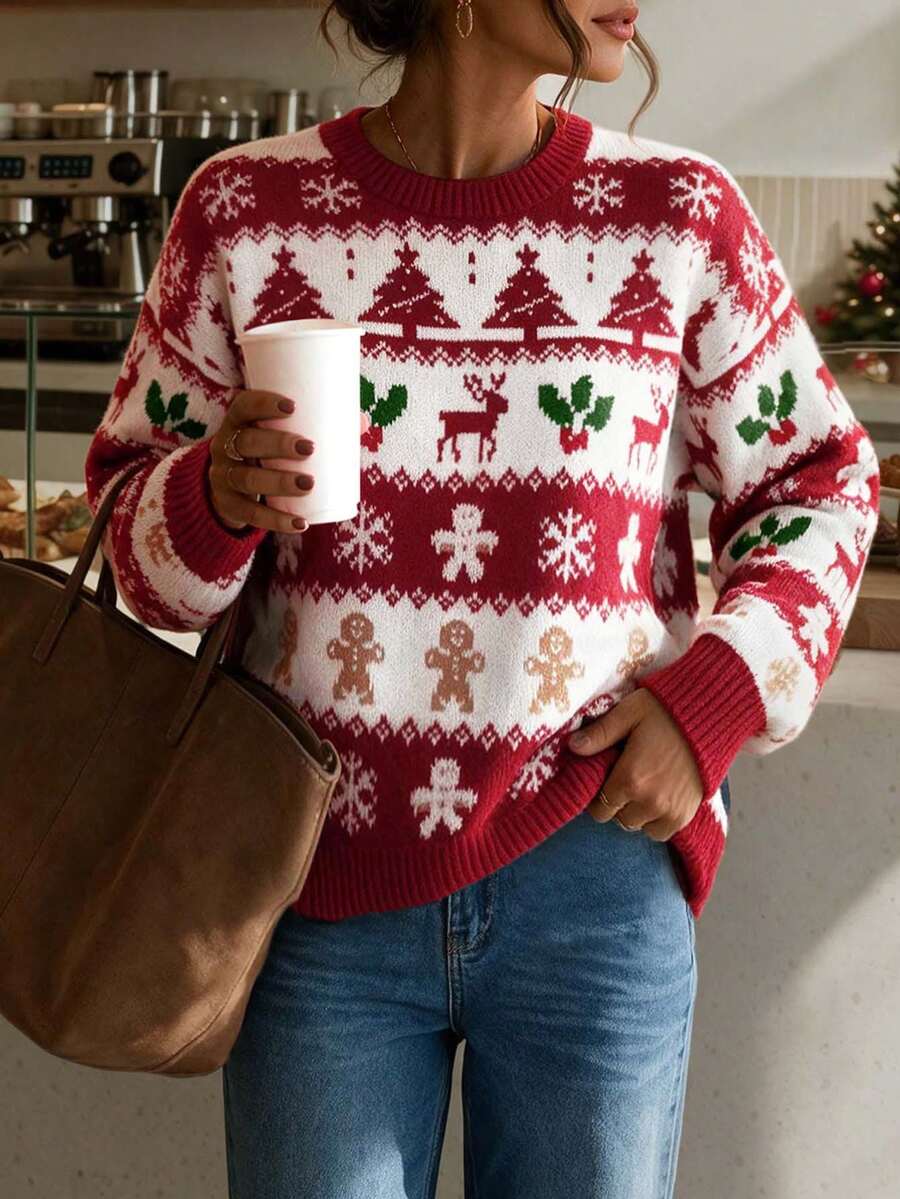 Women's Christmas Reindeer & Gingerbread Man Pattern Pullover Sweater, Long Sleeve Regular Fit, Suitable For Holiday Parties - Multicolor - View 1