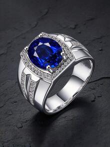 MONALLY Men's Luxury Oval Cut Simulated Blue Sapphire Ring Wide Band With Paved Cubic Zirconia Halo, Bold Statement Cocktail Wedding Ring Jewelry Gift For Men - Ring - View 7