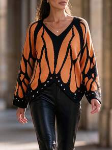 Women's Fashion Orange & Black Butterfly Wing Pattern Knit Pullover Sweater, Autumn Long Sleeve Asymmetrical Hem Top - Multicolor - View 2