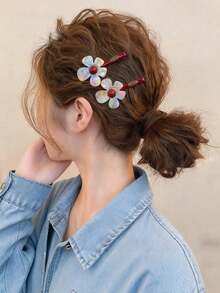 2pcs Women's Fashion Elegant Elegant Colorful Flower Geometric Shape Hair Clips, Side Fringe Hair Clips, Back Of Head Small Hair Accessories, Suitable For Daily, Holiday, Ball, Party Matching - Multicolor - View 4