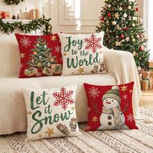 1 Set 4pcs Christmas Happy Snowman, Christmas Tree, Printed Pillow Covers 18x18 Inch Christmas Holiday Linen Blend Cushion Covers, With Zipper, Suitable For Home Decor, Machine Washable, Modern Style, Multiple Patterns, Pillow Inserts Not Included - Multicolor - View 1