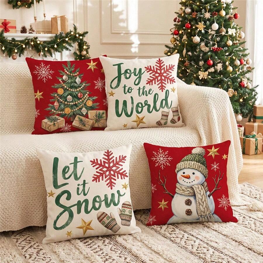 1 Set 4pcs Christmas Happy Snowman, Christmas Tree, Printed Pillow Covers 18x18 Inch Christmas Holiday Linen Blend Cushion Covers, With Zipper, Suitable For Home Decor, Machine Washable, Modern Style, Multiple Patterns, Pillow Inserts Not Included - Multicolor - View 1