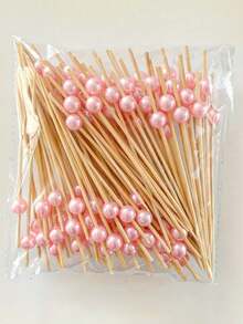 1 Set 100/50/10pcs White Pearl Fruit Bamboo Skewers/Picks, Disposable - Pink - View 7