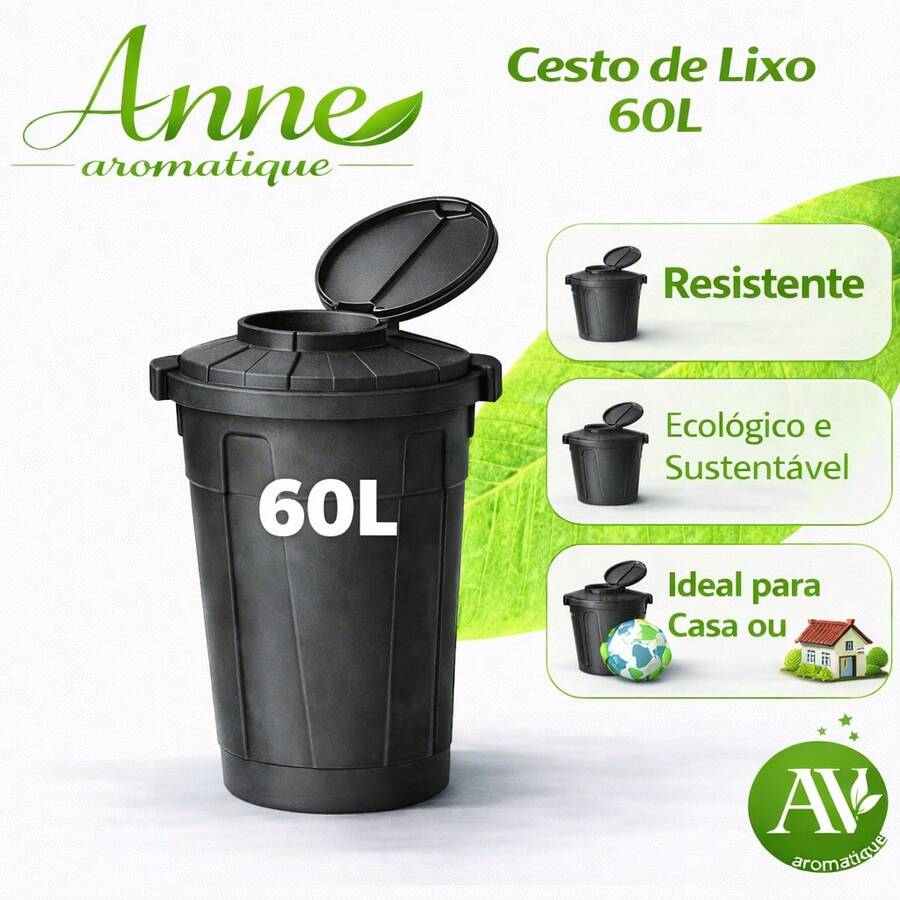 Lixeira Preta Cesto De Lixo Grande Cozinha 60 Litros Higieni - Preto - Visão 1