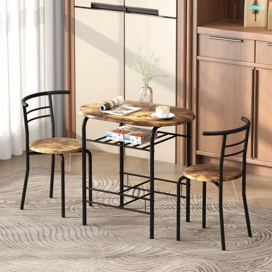 Three-Piece Compact Dining Set - Rustic Brown - Rustic Brown + Engineered Wood - View 1
