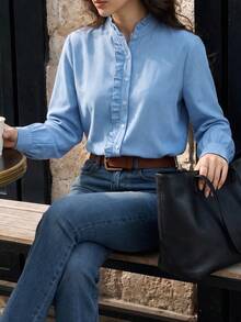 minisummer Women Elegant Fall Ruffle Stand Collar Shirt, Long Sleeve Button Down Blouse, Fall Clothes For Women, Vacation Outfits Women - Light Wash - View 8