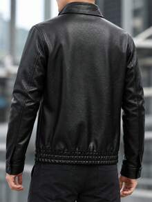 New Men's Solid Color PU Leather Zipper Front Lapel Casual Jacket - Black - View 2
