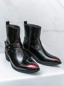 British Style Men's High-Top Pointed Toe Patent Leather Chelsea Boots With Side Zipper And Chunky Heel, Business Fashion Vintage Boots - Red - View 2