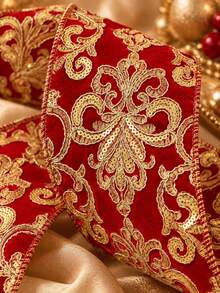 1 Roll Luxury Gold Thread Embroidered Lace, Wedding Dress Sewing Accessories, Bridal Gown DIY Decoration Ribbon, Palace Opulent Style, Holiday Decor, Luxury Christmas Velvet Ribbon - Red Gold Metallic Embroidered Sequin Fabric Ribbon With Wire Edge, For Christmas Tree Top Bows, Holiday Wreath Making, Gift Box Packaging And Handmade Crafts - Gold Red - View 3
