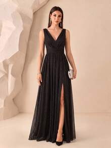 XUCTHHC Elegant V-Neck Sleeveless Tulle A-Line Black Formal Evening Gown, Wedding Guest Dress, Party, Prom, Graduation, Holiday, Autumn Fall - Black - View 2