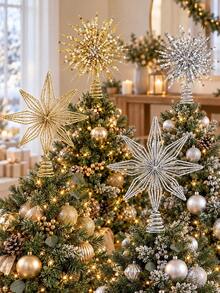 1pc Starry Sky Gold Metal Christmas Tree Topper Decoration, Star & Moon 3D Design, Metal Material, Suitable For Tree Top, Gold Finish Holiday Decor, Spiral Base Secure Installation - Multicolor - View 1