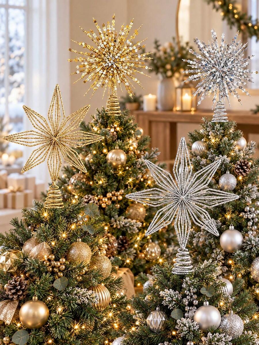 1pc Starry Sky Gold Metal Christmas Tree Topper Decoration, Star & Moon 3D Design, Metal Material, Suitable For Tree Top, Gold Finish Holiday Decor, Spiral Base Secure Installation - Multicolor - View 1