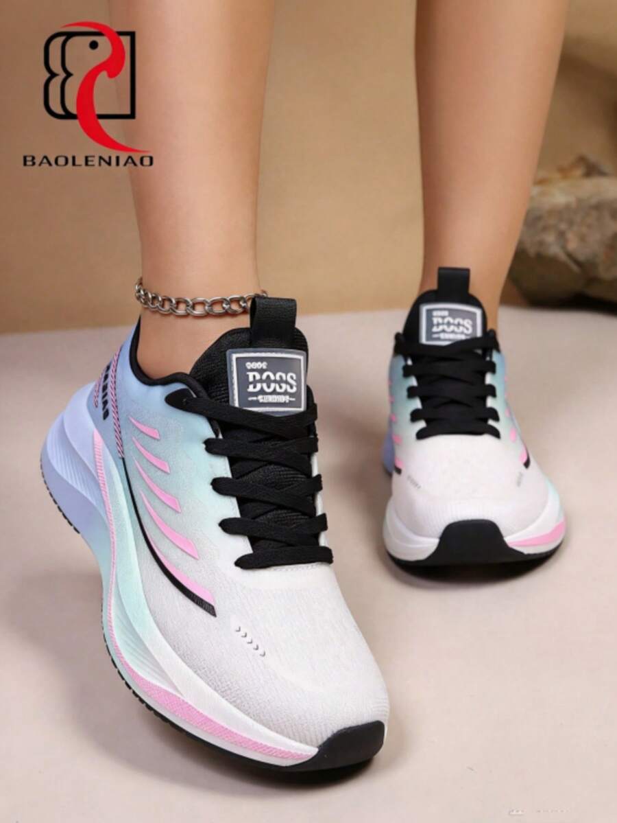 Women's New Gradient Color Low-Top Sneakers, Lightweight Breathable Non-Slip Shock-Absorbing MD Soft Sole, Versatile Lace-Up Fairy Style Tennis Shoes For Commute And Sports, All-Day Comfortable Wear