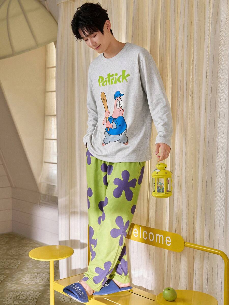Gongdie SpongeBob SquarePants 2pcs SpongeBob & Patrick Star Men's Pajama Set, Autumn Gray Soft Cotton Loungewear With Pockets - Light Grey - View 1