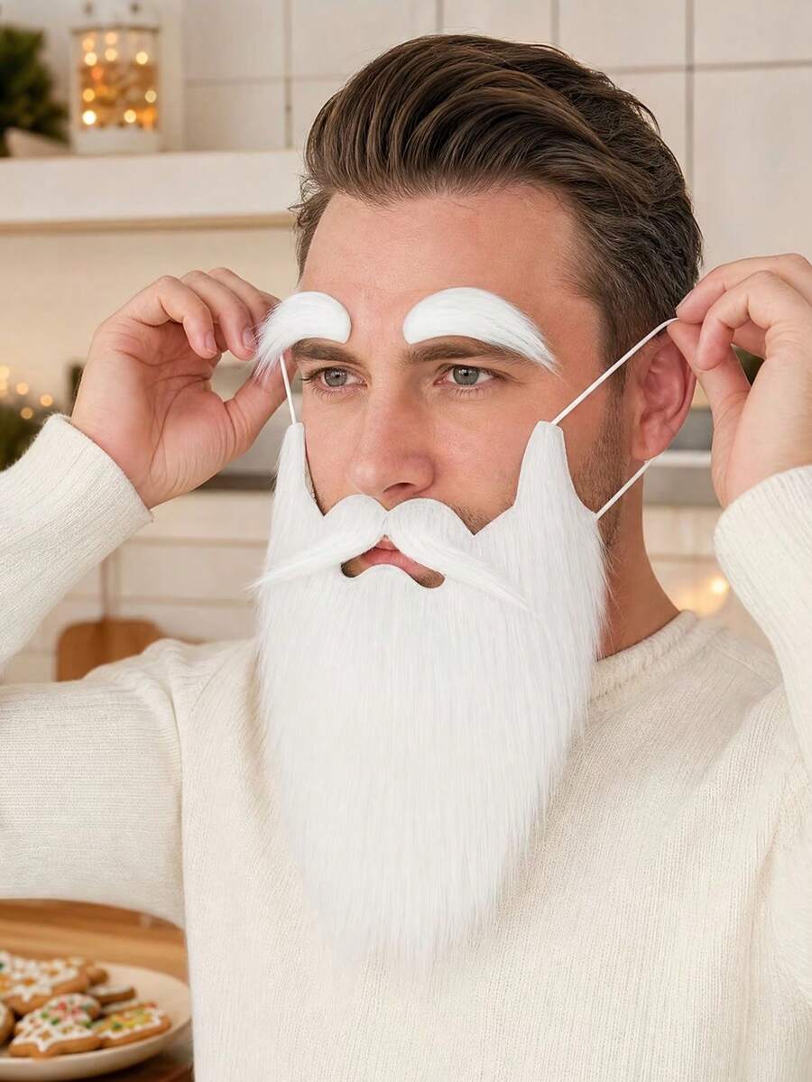 Santa Claus Fake Beard And Eyebrow Set - White Long Beard, Suitable For Christmas, Halloween, Cosplay Parties And Themed Events Costume Props - Multicolor - View 1