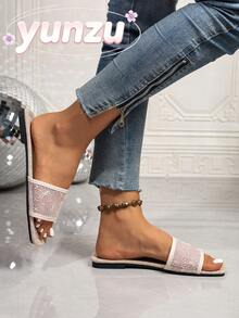 Women's White Embroidered Square Toe Open Toe Flat Slide Sandals, Casual Beach Slippers For Summer - White - View 5