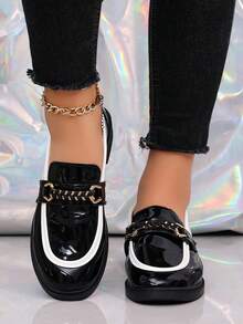 1Pair Women Solid Color Contrast Trim Patent PU Loafers,Metal Buckle Decor Slip-On Anti-Slip Round Toe Low Block Heel Preppy Shoes For Daily Office - Black - View 1
