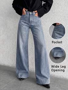 Women's Fashion Relaxed Fit Dark Wash High Waist Big Pocket Straight Leg Jeans, Loose Fit For Commute, Office, Daily Bottoms Casual Fall - Light Wash - View 6