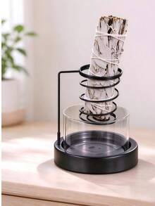 1pc With Glass Ash Catcher & Non-Slip Base Metal Smudge Holder, Boho Style Black Round Incense Burner For Sage Palo Santo Sticks - Black 1pc - View 1