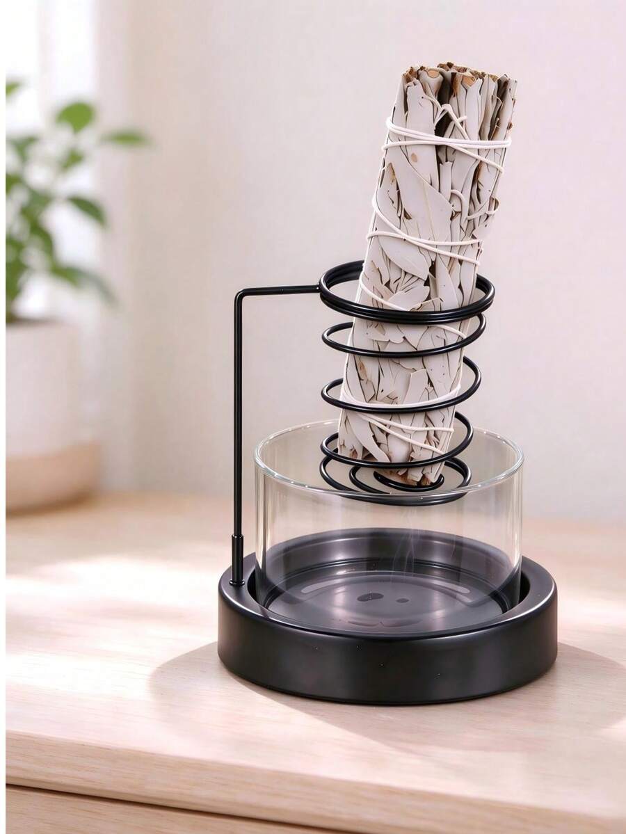 1pc With Glass Ash Catcher & Non-Slip Base Metal Smudge Holder, Boho Style Black Round Incense Burner For Sage Palo Santo Sticks - Black 1pc - View 1