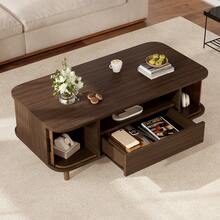 Living Room Coffee Table 100*50*35 Cm Walnut Wood Color With 1 Drawer And 2 Sliding Doors, With Open Storage Space, Wooden Legs, Made Of MDF With Load Capacity Up To 30 Kg, Side Table, Sofa Table, Coffee Table - Walnut Wood Color - View 3