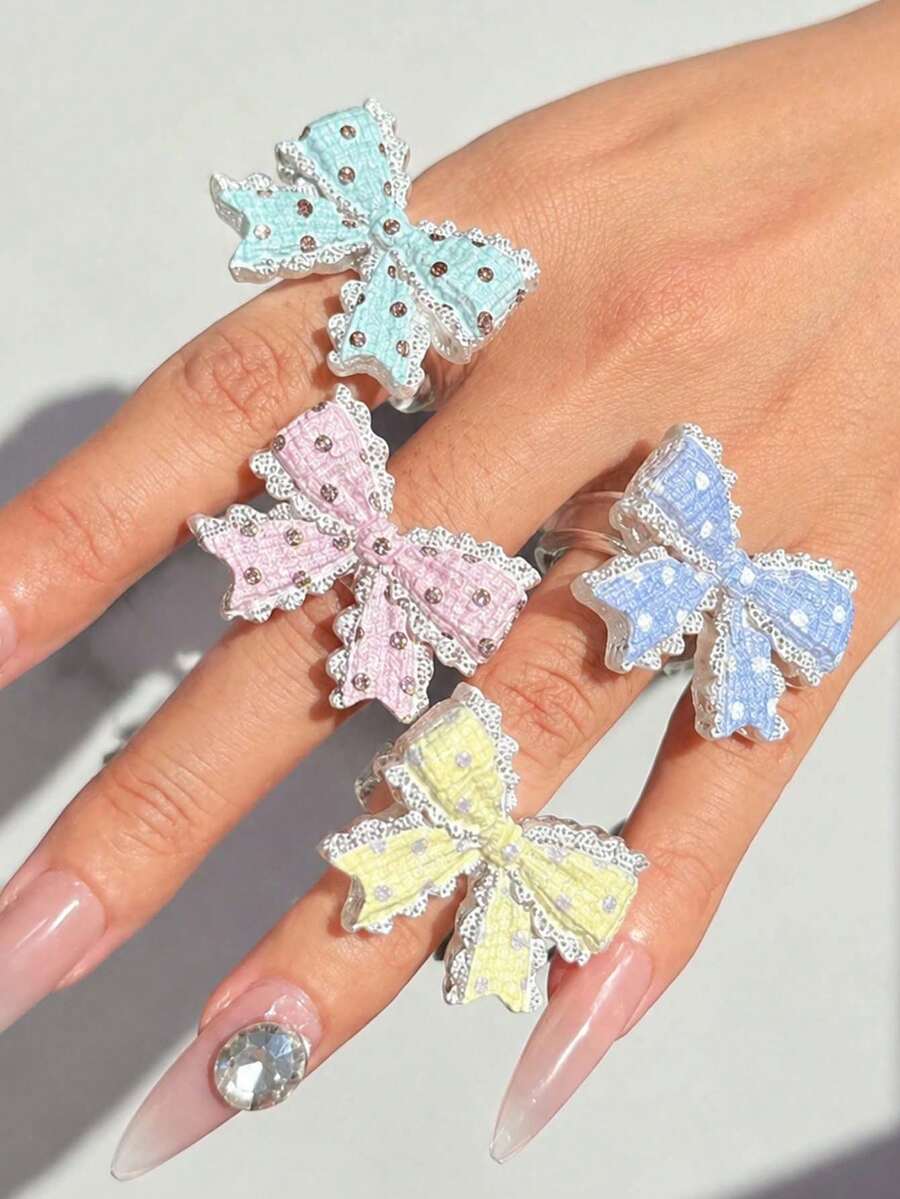 Y2K 黑白波點鏈條蝴蝶結戒指、彩色條紋印花戒指,日常個性化極簡女款手指戒指 - 彩色 - 查看 1