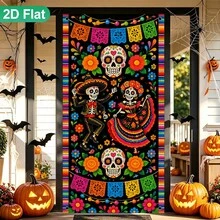(Happy Halloween) 2D Plane 1 Banner Colorful Candy Skull Flower Printing Hanging Send A Banner Classic Halloween Theme Decoration, Suitable For Indoor And Outdoor Holiday Celebrations To Create A Festive Atmosphere, 5 Styles. - 1 - View 13