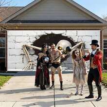 2D Flat 1pc Halloween Skull Garage Door Banner Decoration - Giant Scary Skull Breaking Through Wall Garage Door Cover With Gold - Multicolor - View 3