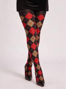 1 Pair Women's Black Argyle Tights, Red & Khaki Diamond Pattern Pantyhose For Fall, Winter, Preppy & Retro Outfits - Multicolor - View 3