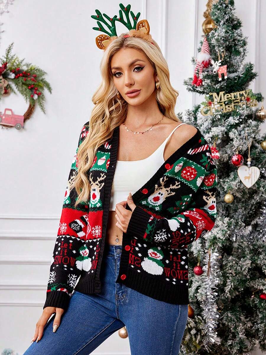 Women's Christmas Cardigan, Long Sleeves V Neck Open Front Sweater, Funny Reindeer Patter, Cartoon Fall Winter Outfit For New Year - Black - View 1