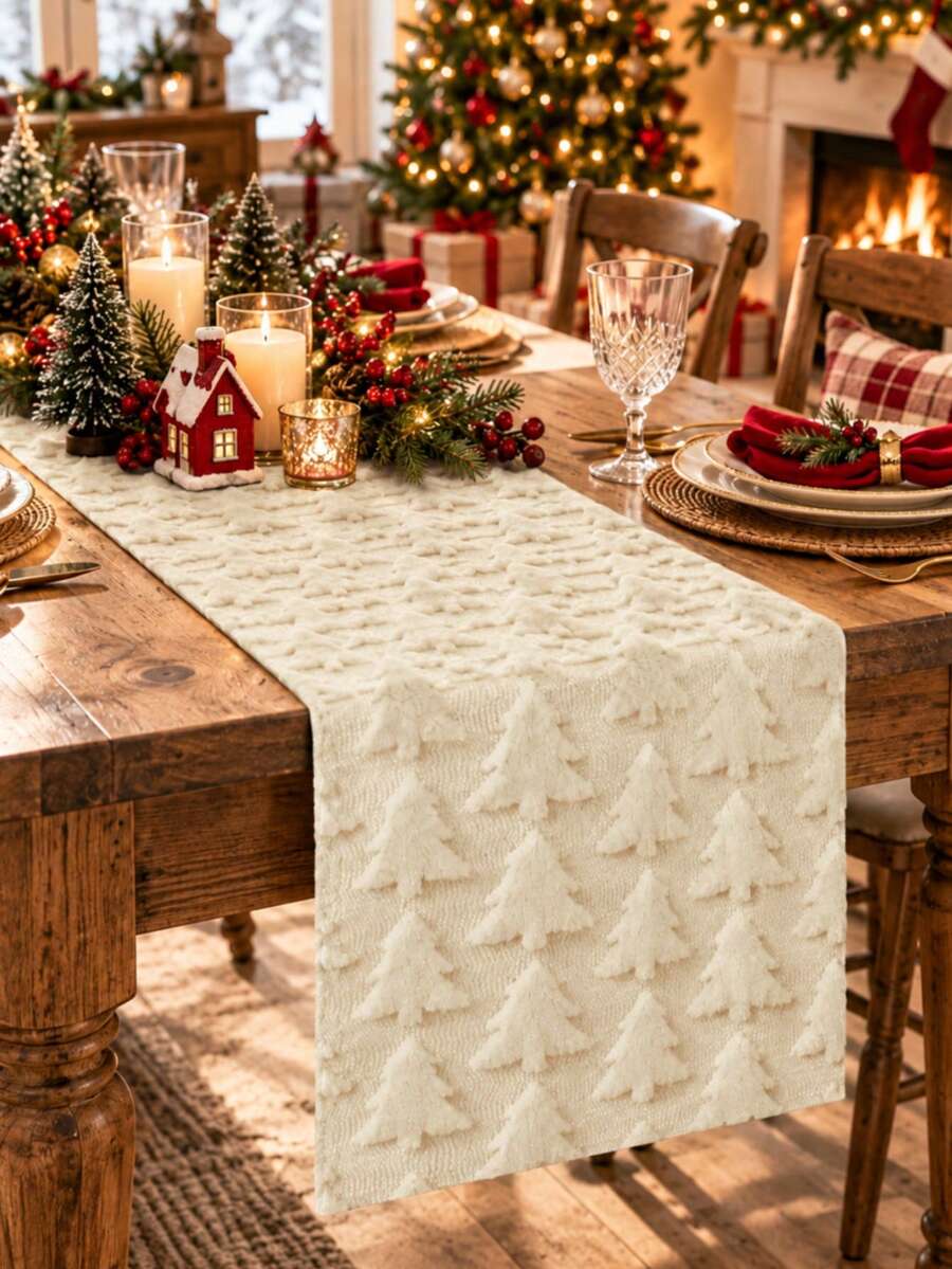 Christmas Tree Table Runner, Soft Textured 3D Christmas Tree Design, Farmhouse Holiday Table Decor, Winter Dining Table Decoration For Christmas Party, Kitchen And Home - Beige Tree - View 1