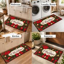 1pc Kitchen Floor Mat, Soft Faux Cashmere Material, Christmas Wreath Pine Cone Red Ribbon Plaid Background, Anti-Slip Floor Mat For Kitchen, Bathroom, Entryway, Suitable For Multiple Scenes, Room Decor, Holiday Gift - Multicolor - View 10