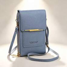 Women's Solid Color PU Leather Phone Crossbody Bag, Multi-Compartment Wallet With Touchscreen Window, Card Slots & Adjustable Strap - Black - View 6