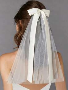 1pc Bridal Tulle Bow Hair Clip, Bride Registration Veil Proposal Prop, French White Bridesmaid Hair Accessory - White - View 2