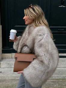 Women's Elegant Fashion Casual Versatile Faux Fur Coat, Round Neck Buttonless Cardigan, Premium Faux Fox Fur Faux Fur Plush Coat, Short Loose Fuzzy Luxury Faux Fur Jacket, Christmas Halloween Party Holiday Dinner Wedding Party Ball Versatile Fashion Casual Noble Faux Fur Coat, Old Money Style Winter Thickened Warm Top, Socialite Style Soft Faux Fox Fur Plush Jacket - Light Grey - View 7