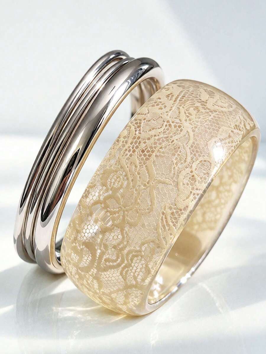 4pcs/1set White Lace Resin Metal Closed Bangle Bracelet Set, Sexy Versatile Daily Women's Jewelry, Suitable For Party And Vacation - Multicolor - View 1