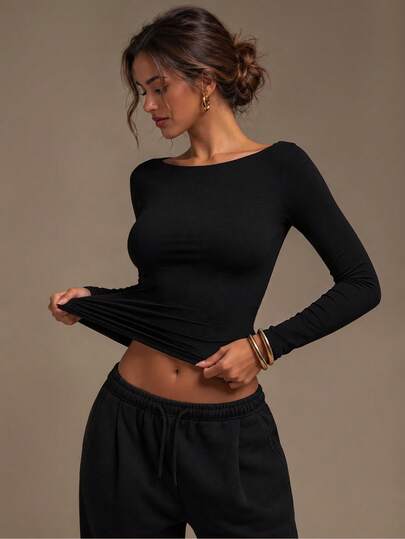 XLLAIS Women's Y2K Sexy Baddie Basic Black Crop Top, Casual High Stretch Double-Layer Boat Neck Long Sleeve Fitted T-Shirt, Spring/Summer