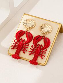 1 Pair Red Enamel Lobster Metal Shell Earrings, Marine Life Series, For Women - Red - View 2