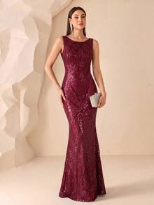 XUCTHHC Elegant Sleeveless High Elastic Geometric Sequin Mermaid Evening Gown, Autumn Formal Ball Dress, Suitable For Birthday And Wedding Guest - Burgundy - View 2