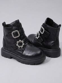 1 Pasang Sepatu Bot Pendek Anak Perempuan Warna Hitam, Tali Ganda dengan Gesper Persegi Berhiaskan Berlian Imitasi & Hiasan Bunga, Gaya Manis & Keren untuk Anak-anak, Sepatu Bot Harian Serbaguna untuk Musim Gugur/Musim Dingin untuk Anak Perempuan - Hitam - View 8