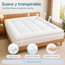 Beyoung Colchoneta para Colchón Acolchado,Sobrecolchón Suave con Soporte para Zona Lumbar,Colchoneta Cómoda que Ayuda a Distribuir la Presión,Mejorar la Comodidad de la Cama,con Tiras Elásticas para Individual,Matrimonial,Queen,King-Blanco - Blanco - Ver 5