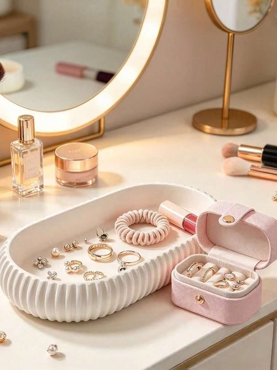 3D Printed Plastic Oval Storage Tray, Minimalist Black Or Creamy White Ribbed Design With Raised Curved Edge, Multipurpose Jewelry, Makeup, Key And Coin Organizer For Vanity, Bathroom Sink, Entryway Or Office Desk - Multicolor - View 1