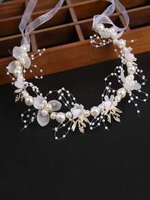 1pc White Leaf Flower Headband, Gold Headband, Floral Hair Accessory, Alloy Crown Hair Accessory Suitable For All Seasons - White - View 1