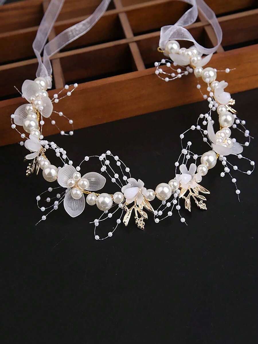 1pc White Leaf Flower Headband, Gold Headband, Floral Hair Accessory, Alloy Crown Hair Accessory Suitable For All Seasons - White - View 1