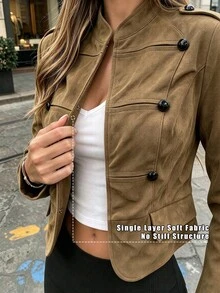 女款鈕扣短夾克，棕色立領復古風輕量單層外套，法式慵懶時尚 - 棕色 - 查看 6