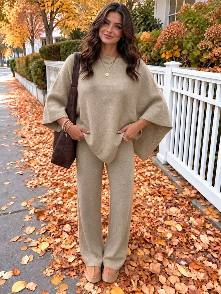 Women's 2pcs Y2K Minimalist Beige Shawl Knit Top & Wide Leg Pants Set, Loose Sweater Loungewear Streetwear Outfit, Autumn/Winter - Oat - View 1