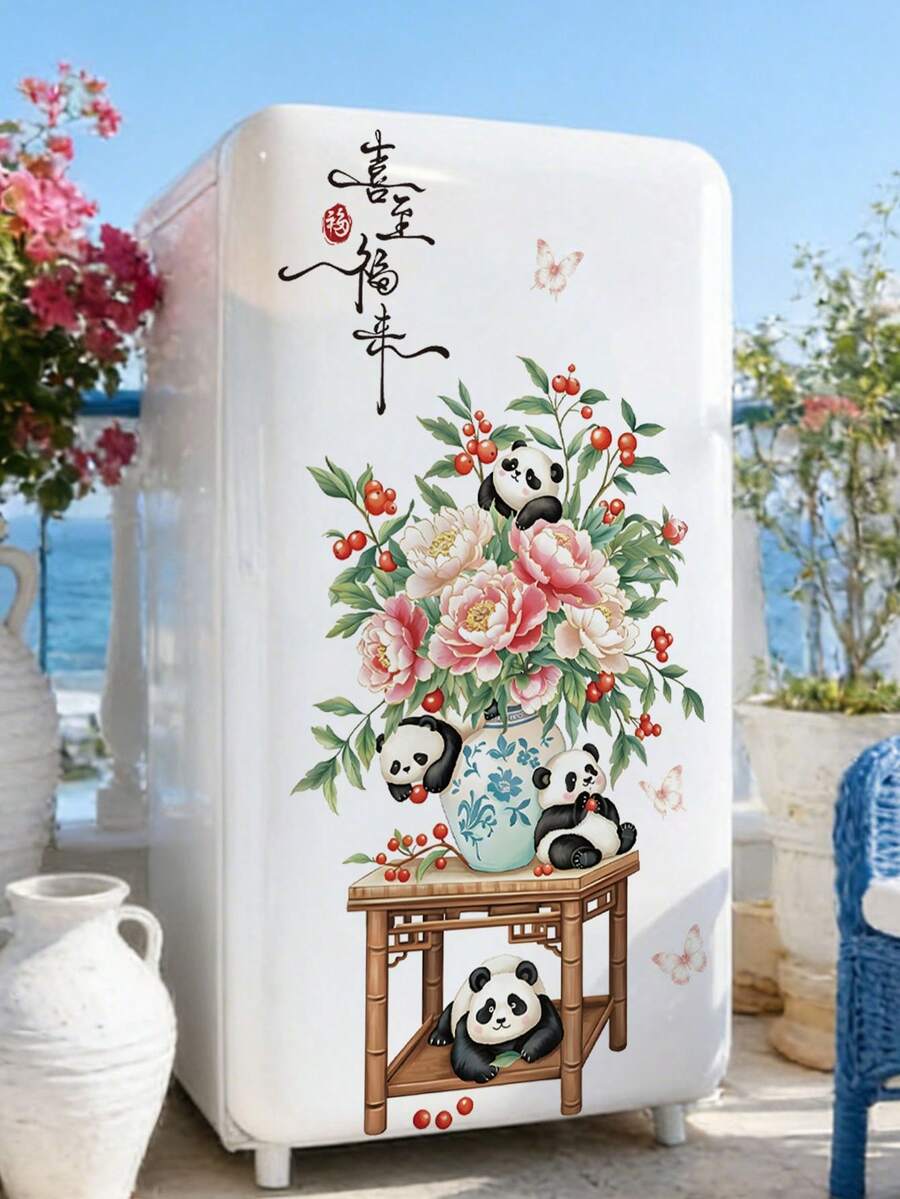 Chinese Style Panda Wall Decal, Cute Pandas With Blue White Porcelain ...