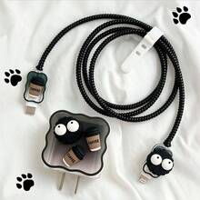 مجموعة بطانية حماية رأس الشاحن السيليكون ثلاثي الأبعاد بتصميم كرة الفحم اللطيفة للقهوة، متوافق مع شاحن أبل السريع 20 واط، غلاف حماية كابل البيانات الحلزوني الأسود المضاد للكسر - متعدد الألوان - مشاهدة 1