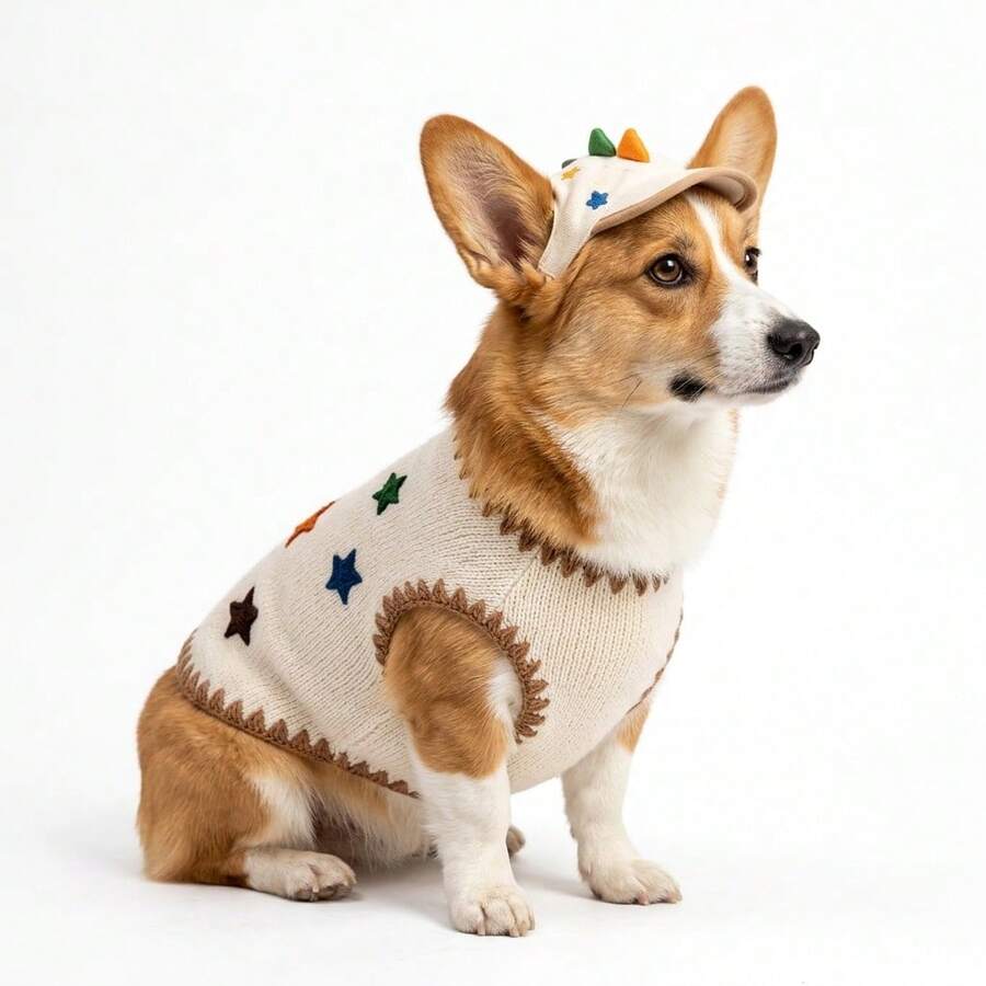 2026 Autumn/Winter New Cute Star Pet Vest & Hat Set For Small Cats & Dogs, Daily Photo Shoot Outfit & Birthday Gift - Multicolor - View 1