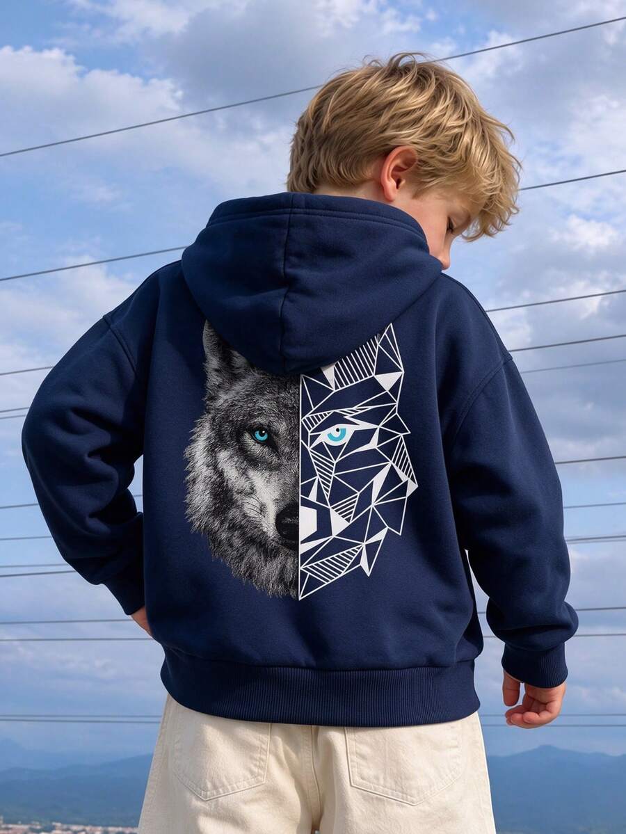 1pc Teen Boys Casual Printed Pullover Sweatshirt, Warm Lining, Long Sleeve, Autumn/Winter Style, Student/Teenager Clothing - Navy Blue - View 1